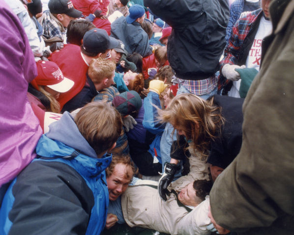 Fans in student section pile up